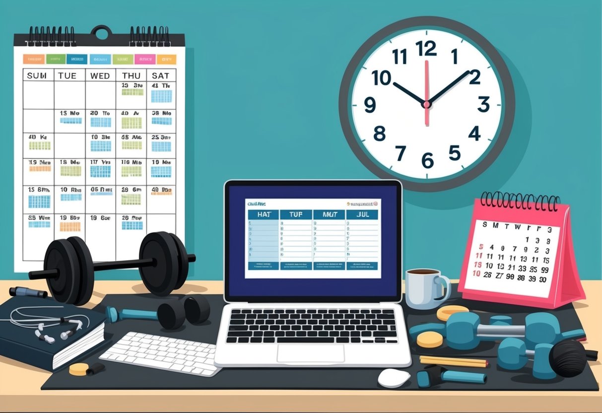 A laptop open on a cluttered desk, surrounded by workout equipment and a calendar filled with appointments. A clock on the wall shows a busy schedule
