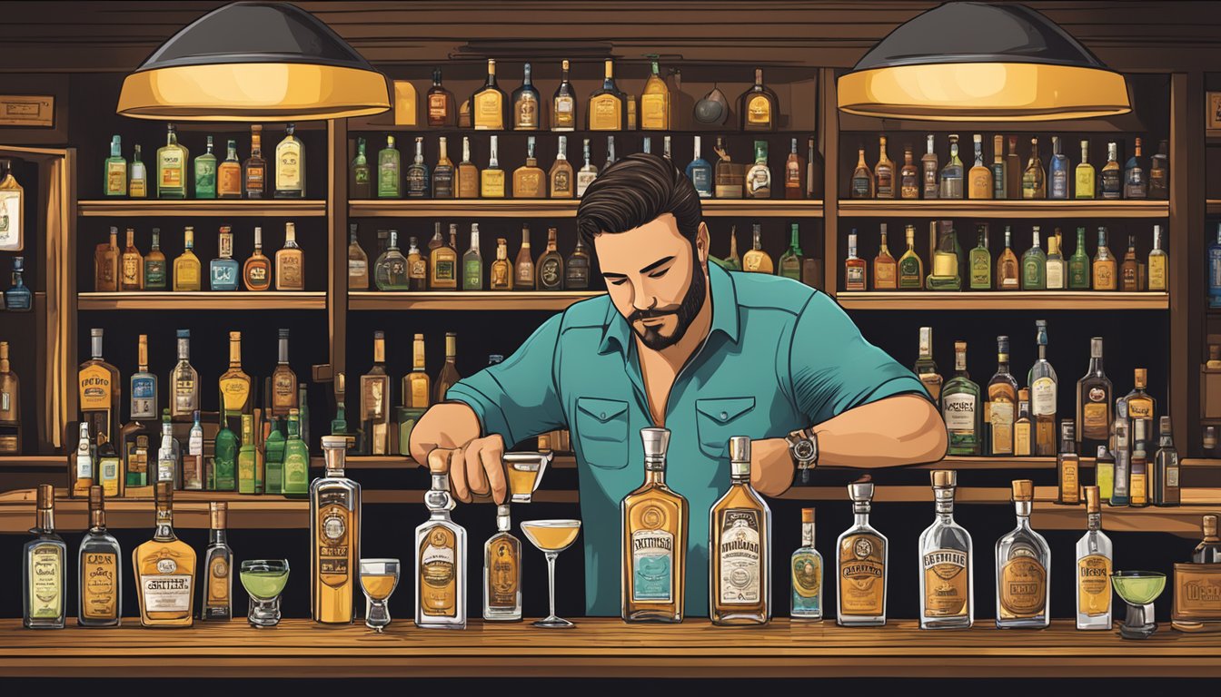 A bustling Texas bar with shelves of premium tequila, a bartender pouring a glass of cristalino tequila, and a sign promoting its authenticity and compliance with regulations