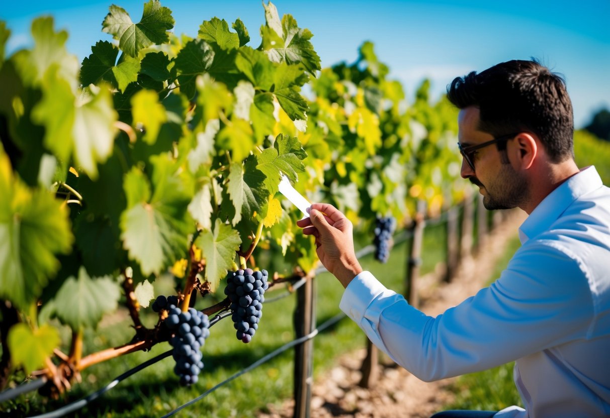 A vineyard with rows of grapevines, some with ripe clusters. A winemaker testing acidity with litmus paper. Bright sunlight and a clear blue sky overhead