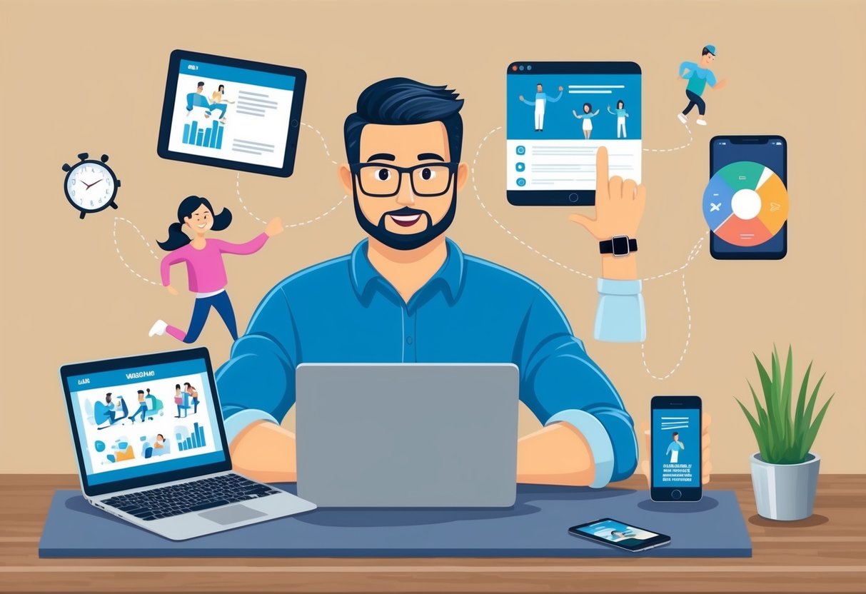 A busy person juggling work, family, and hobbies while accessing online personal training through a laptop, smartphone, tablet, and smartwatch