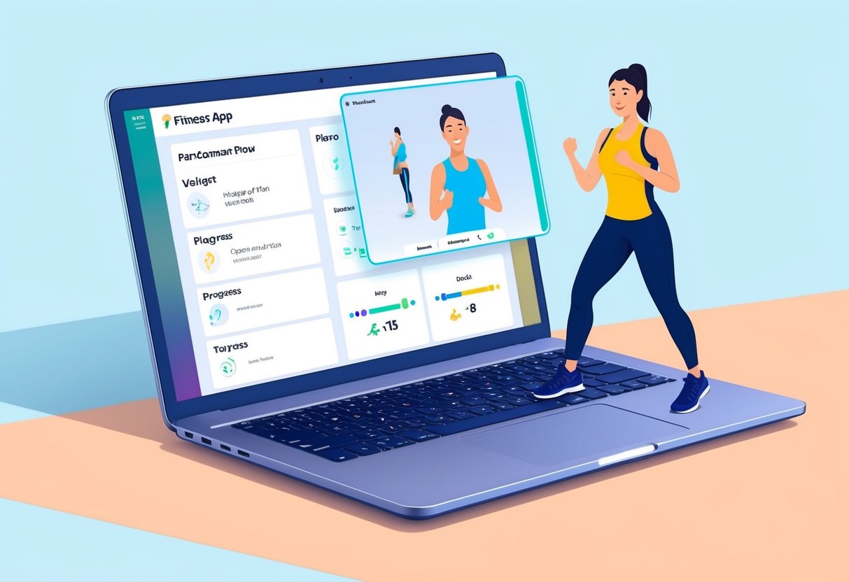 A laptop with a fitness app open, showing personalized workout plans and progress tracking. A virtual trainer appears on the screen, guiding and motivating the user