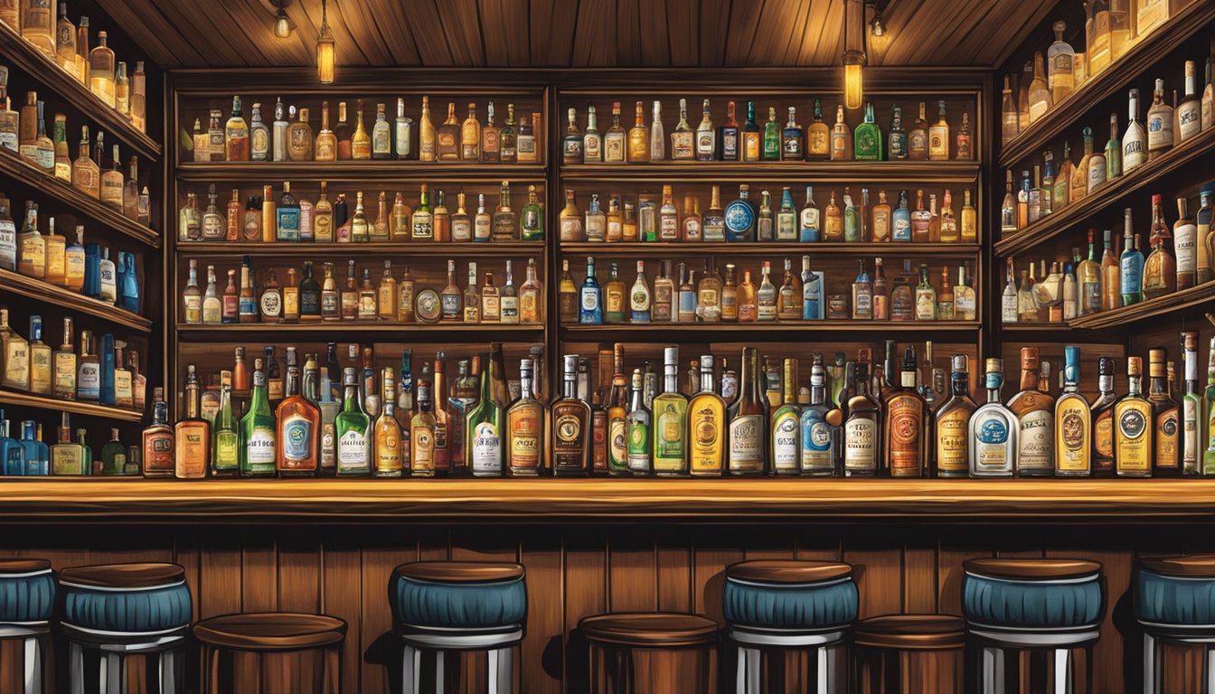 A bustling Texas bar with shelves lined with premium tequila bottles, prominently featuring Cristalino Tequila among the top-selling brands