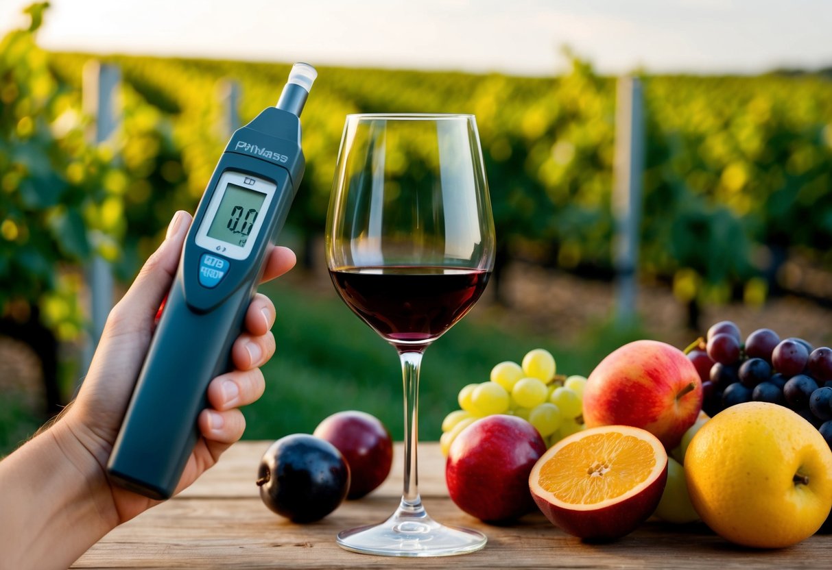 A glass of red wine being tested with a pH meter, surrounded by various fruits and a vineyard in the background