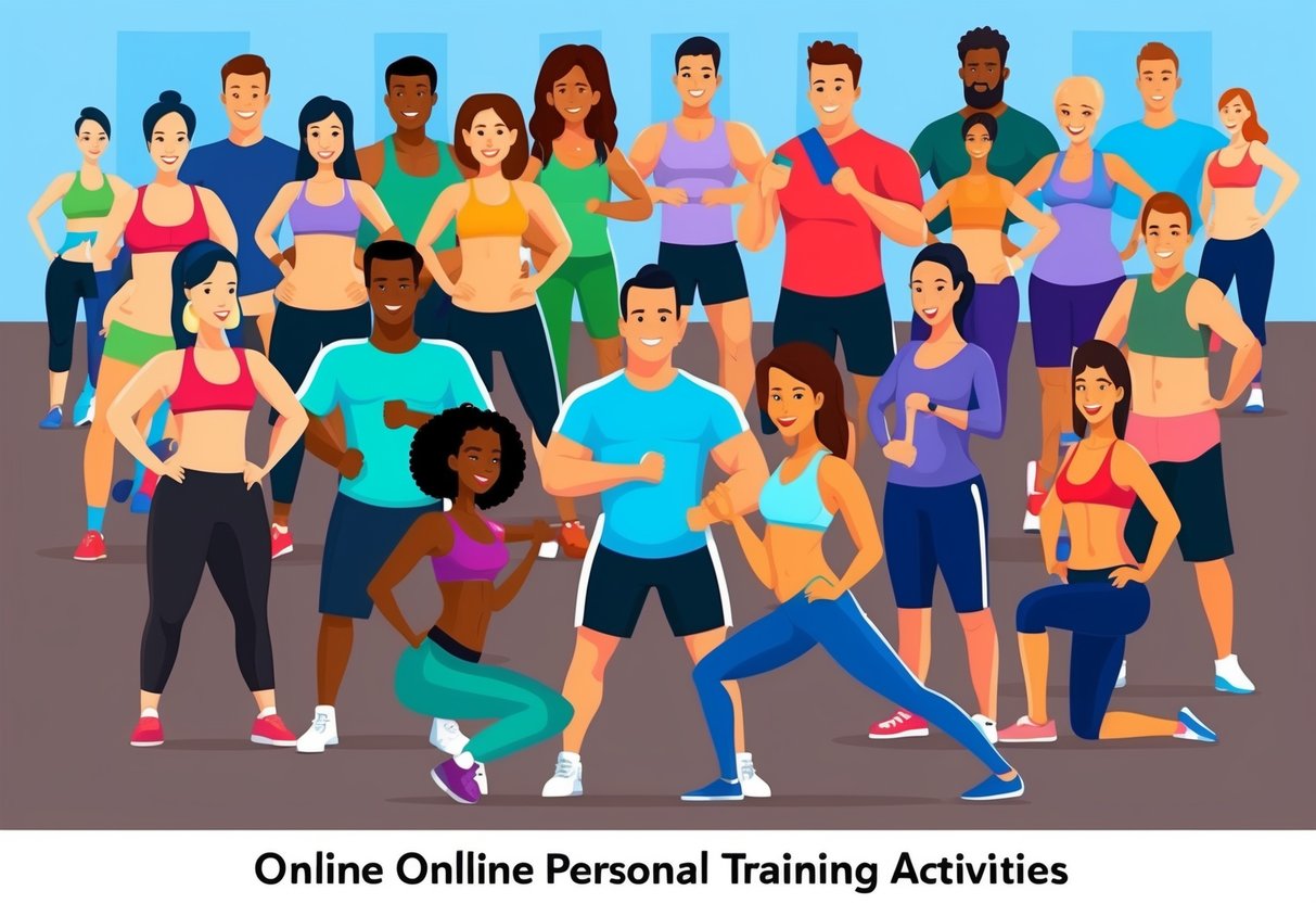 A diverse group of people with different body shapes and sizes engaging in various online personal training activities
