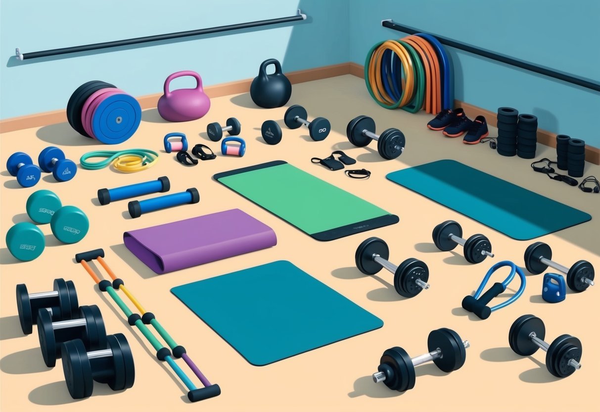 A diverse array of exercise equipment and tools, such as resistance bands, dumbbells, and yoga mats, are neatly organized in a spacious and well-lit workout space