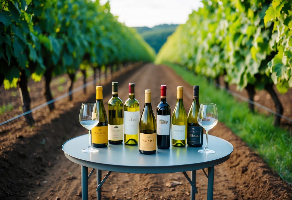 A table with a variety of wine bottles and glasses, surrounded by lush vineyards on one side and rich soil on the other