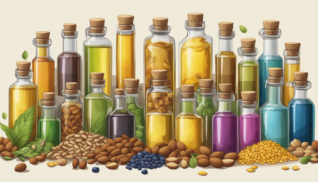 A variety of seeds and nuts being pressed to extract oils, with a spectrum of colorful bottles showcasing the different cold-pressed oils