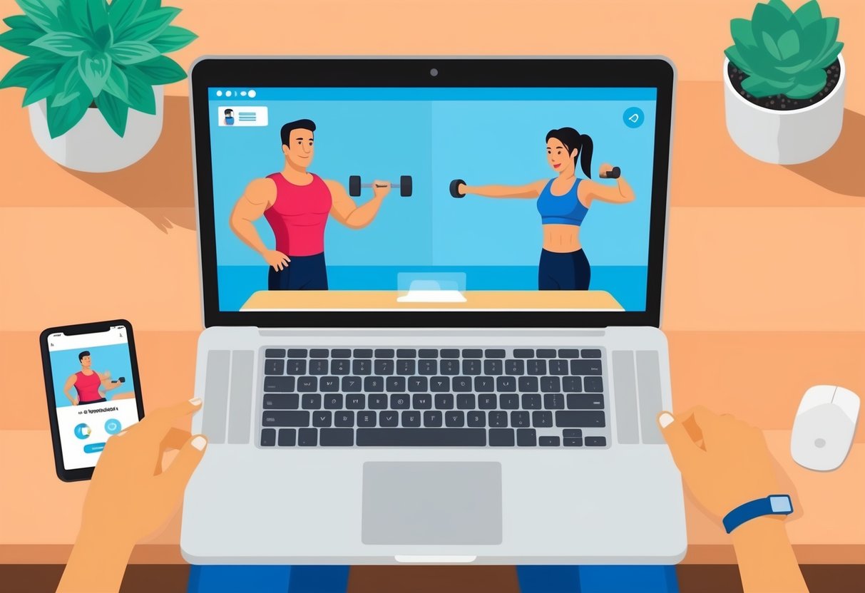 A person using a laptop to follow an online personal training session, with a virtual trainer demonstrating exercises on the screen
