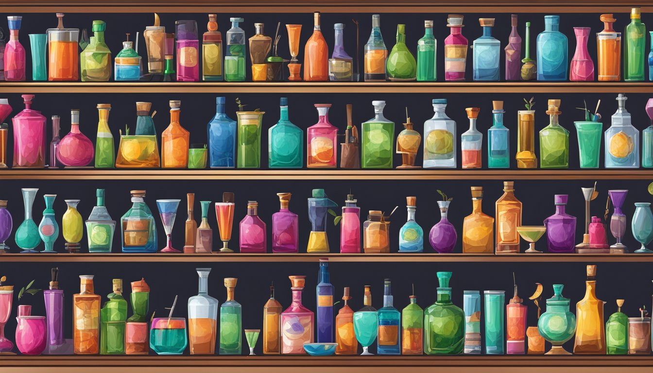 A collection of cocktail shakers, mixing glasses, and garnish trays displayed on a sleek, modern bar counter. Brightly colored bottles of various spirits line the shelves in the background