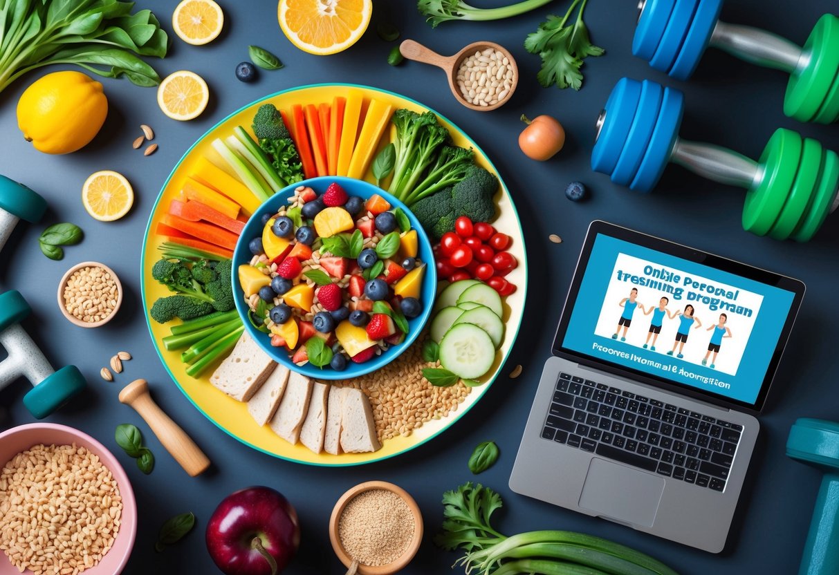 A colorful plate with a variety of fruits, vegetables, lean proteins, and whole grains, surrounded by exercise equipment and a laptop with an online personal training program displayed on the screen