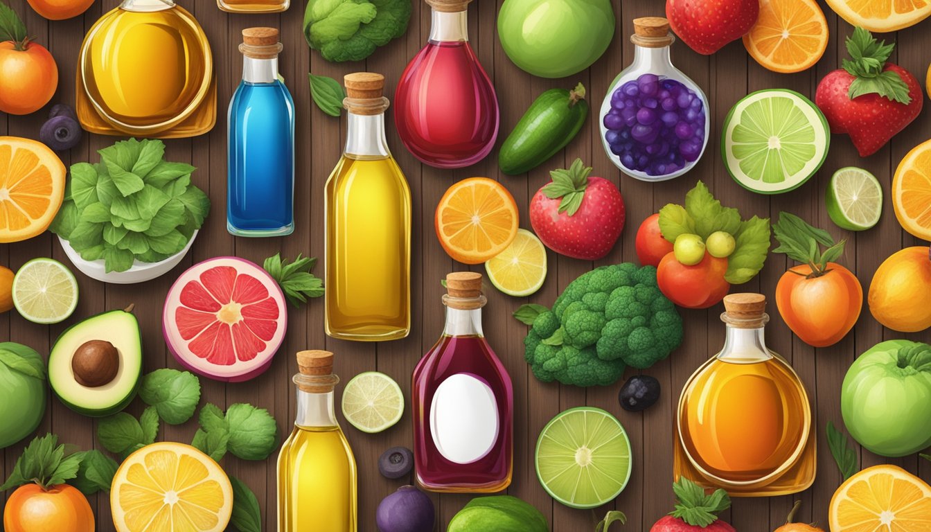 A variety of Spectrum cold-pressed oils arranged on a wooden table with colorful fruits and vegetables in the background