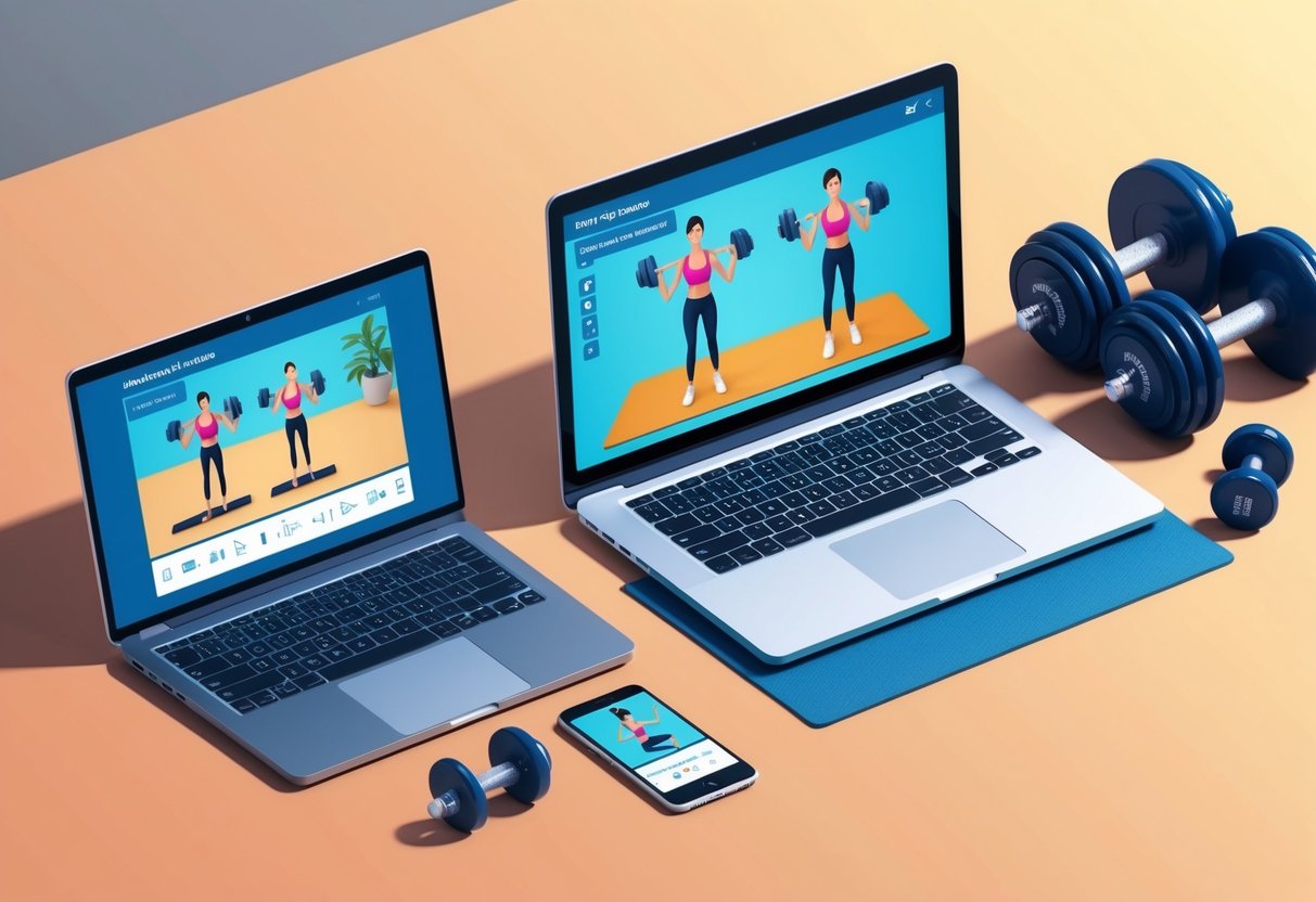 A laptop, smartphone, and tablet arranged next to a set of dumbbells and a yoga mat, with a virtual personal training session displayed on the screens