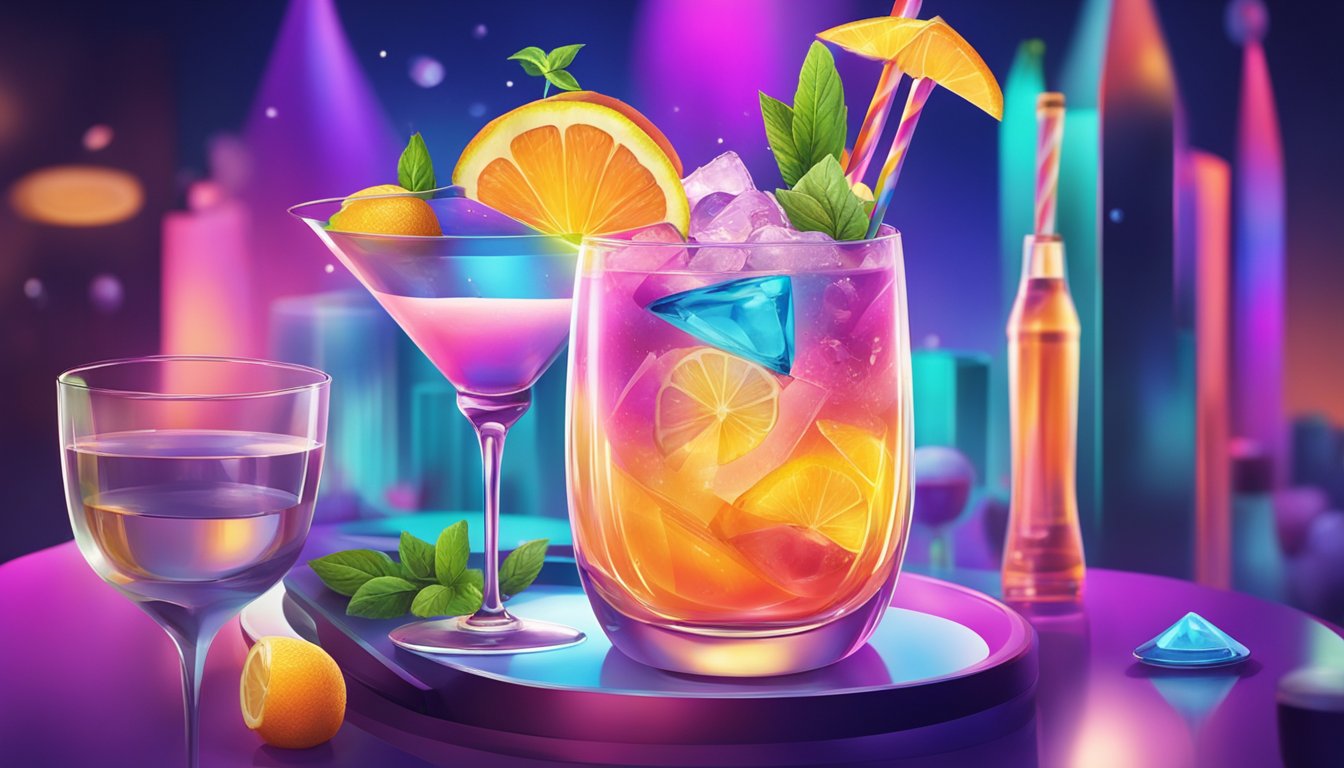 A vibrant cocktail competition with innovative mixology, creative presentations, and futuristic design elements