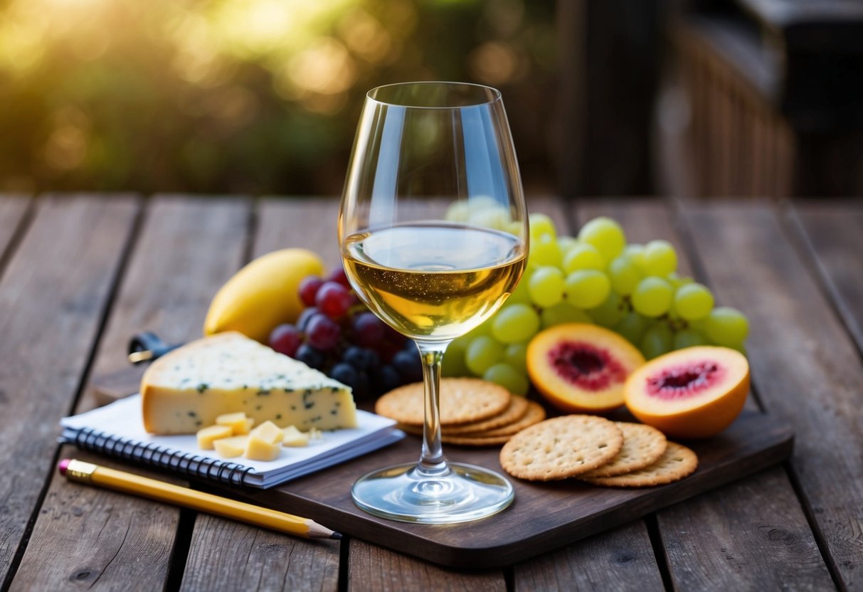 A glass of chardonnay sits on a rustic wooden table, surrounded by a selection of cheese, crackers, and fresh fruit. A notepad and pencil lay nearby for jotting down tasting notes