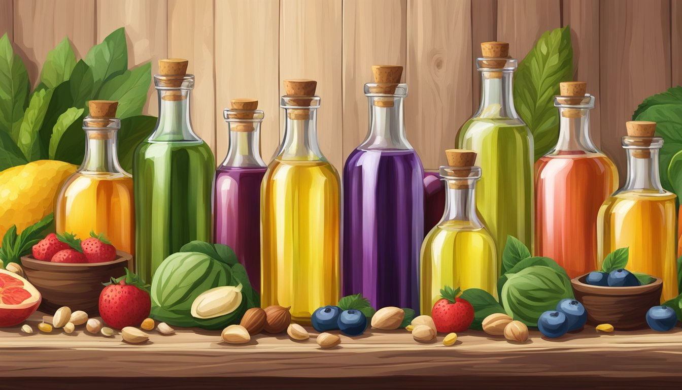 A variety of colorful bottles of cold-pressed oils arranged on a rustic wooden table, surrounded by fresh fruits, vegetables, and nuts