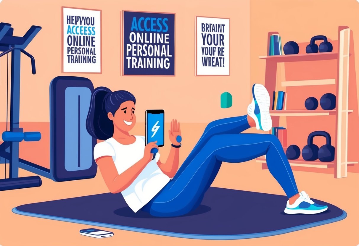 A person exercising at home, using a laptop or smartphone to access online personal training. They are surrounded by workout equipment and motivational posters