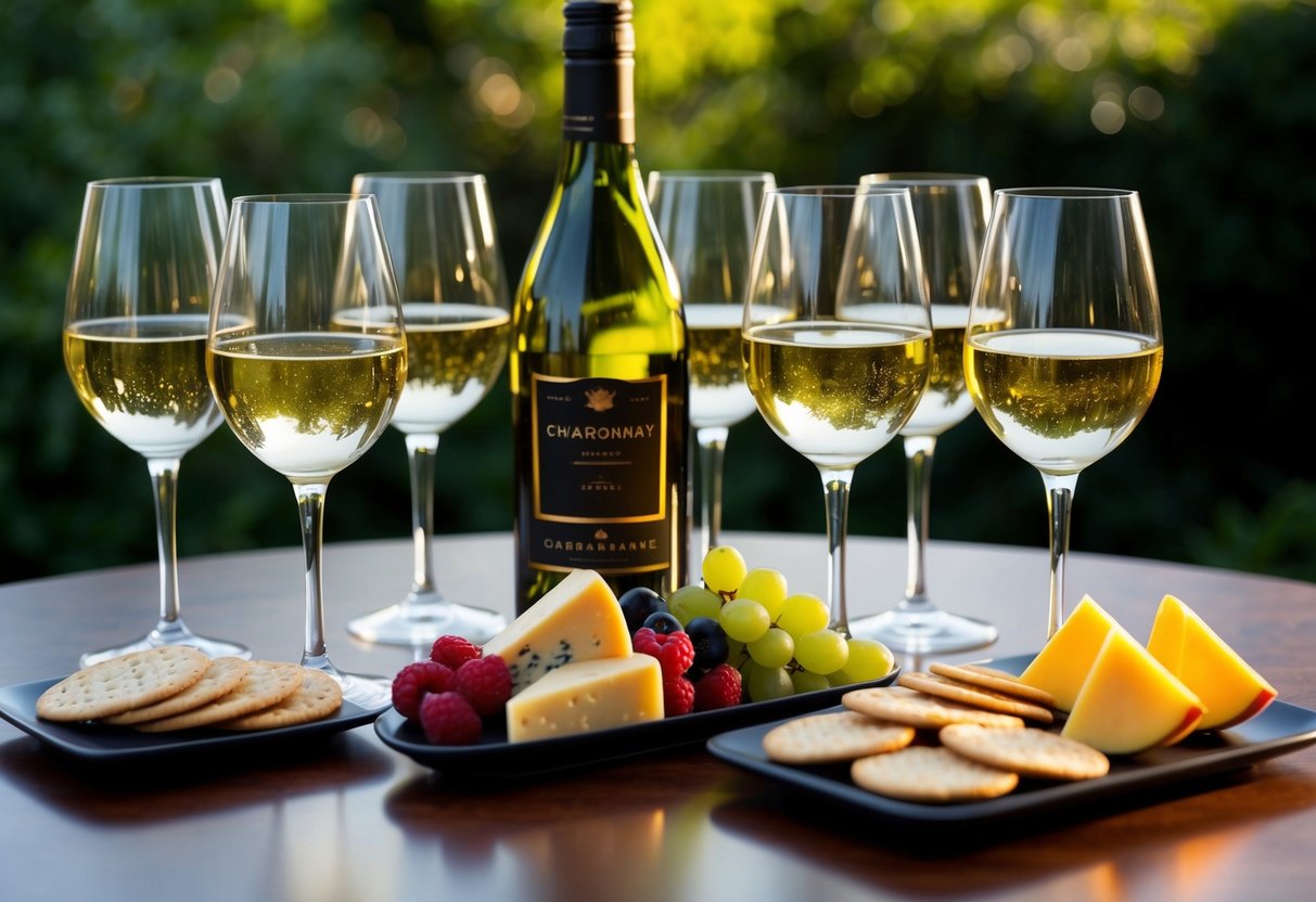 A table set with various glasses of chardonnay, accompanied by a selection of cheese, fruit, and crackers for pairing