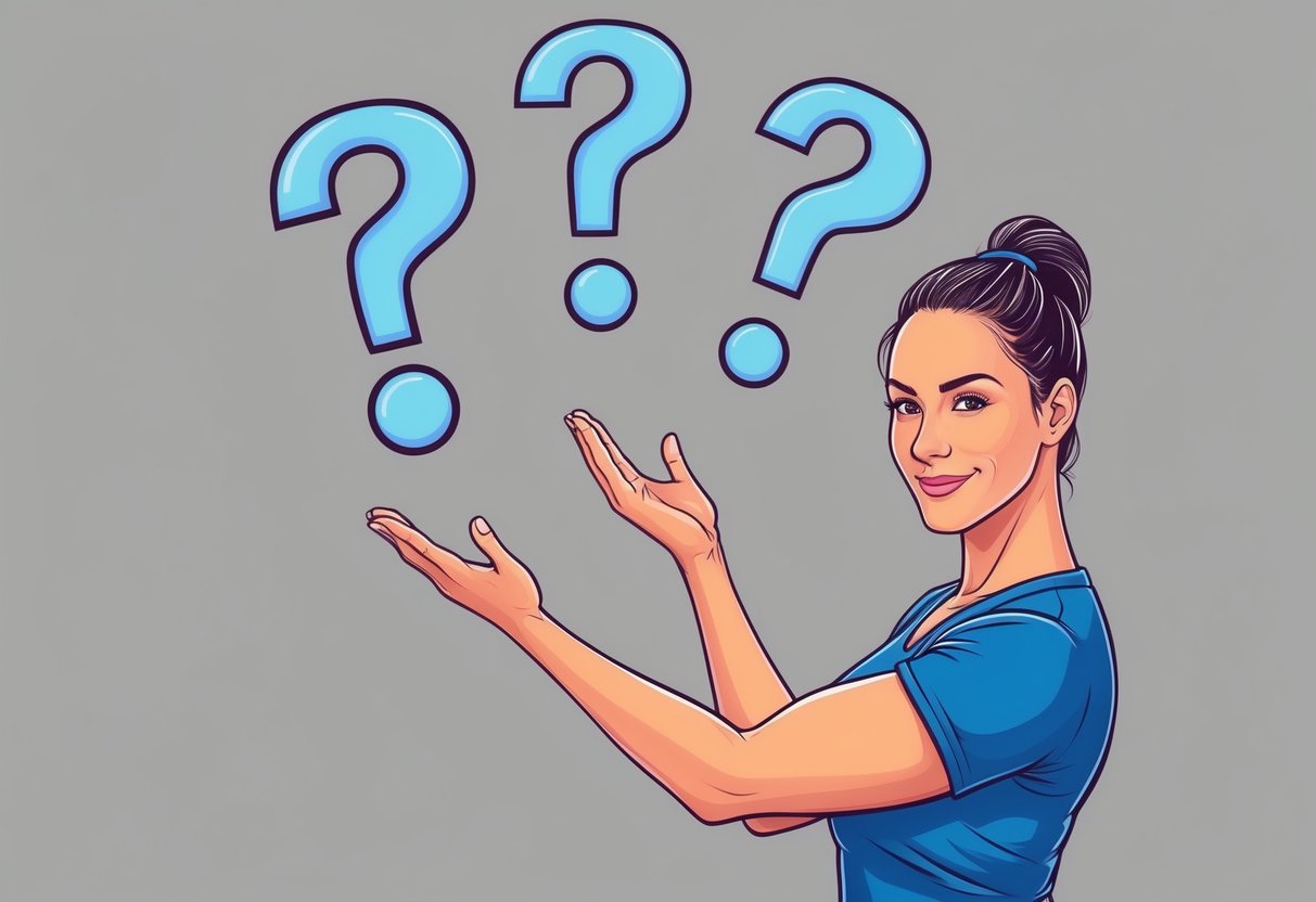 A fitness trainer confidently dispels myths with a confident stance, while three question marks hover above their head