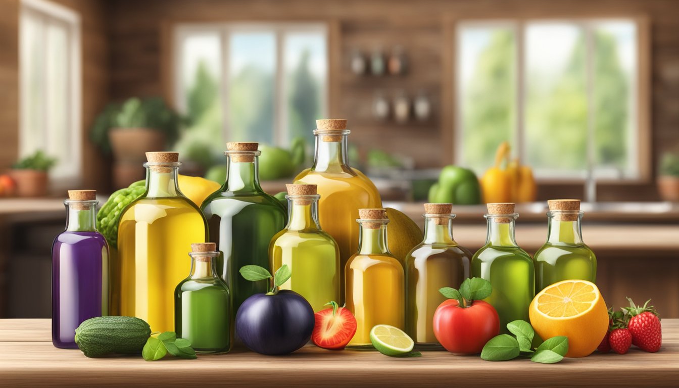 A variety of cold-pressed oils arranged on a wooden table with fresh fruits and vegetables in the background