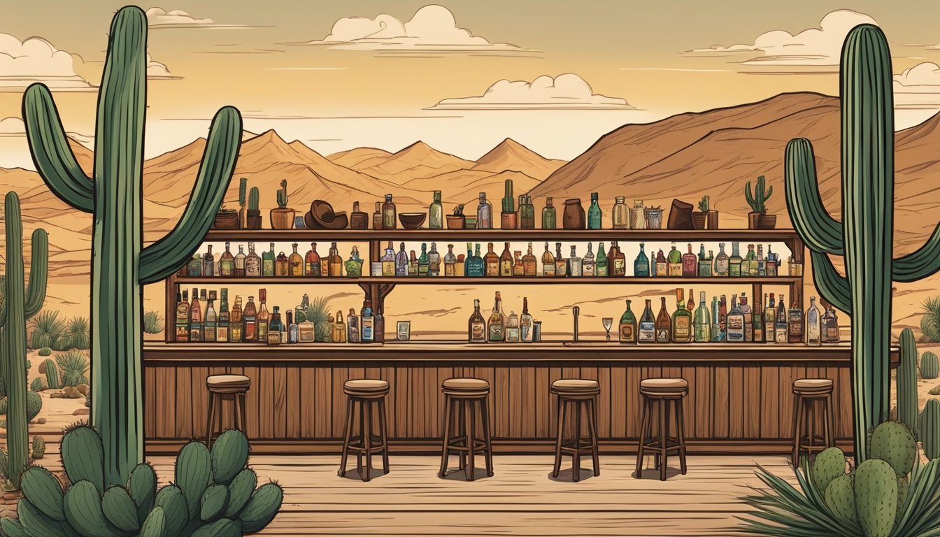 A rustic wooden bar adorned with cowboy hats and boots, surrounded by cacti and desert landscapes. A bartender expertly mixes Texas-inspired cocktails