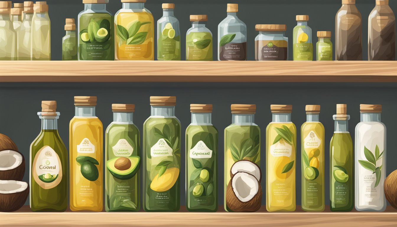 A shelf with various bottles of cold-pressed oils, including olive, coconut, and avocado, neatly organized in a well-lit and clean storage area