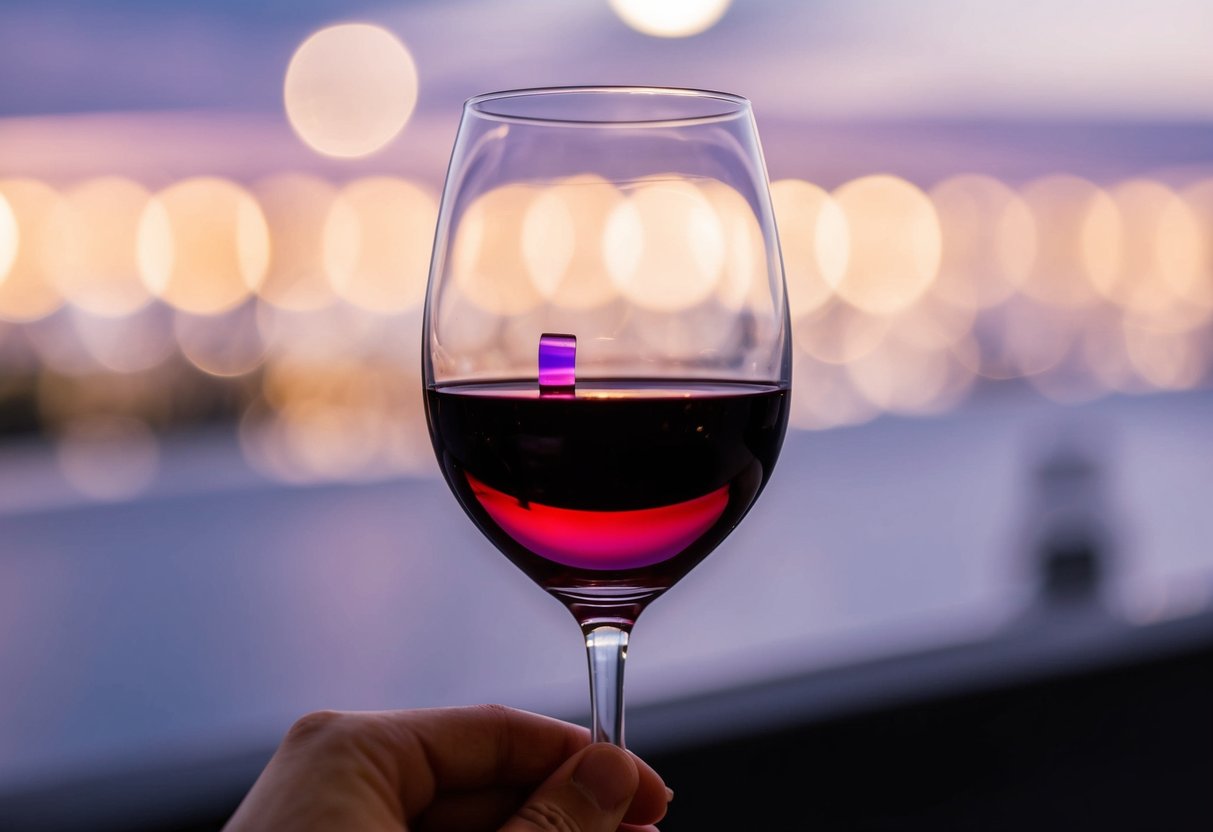 A wine glass held up to the light, with deep red liquid and a faint purple hue at the edges