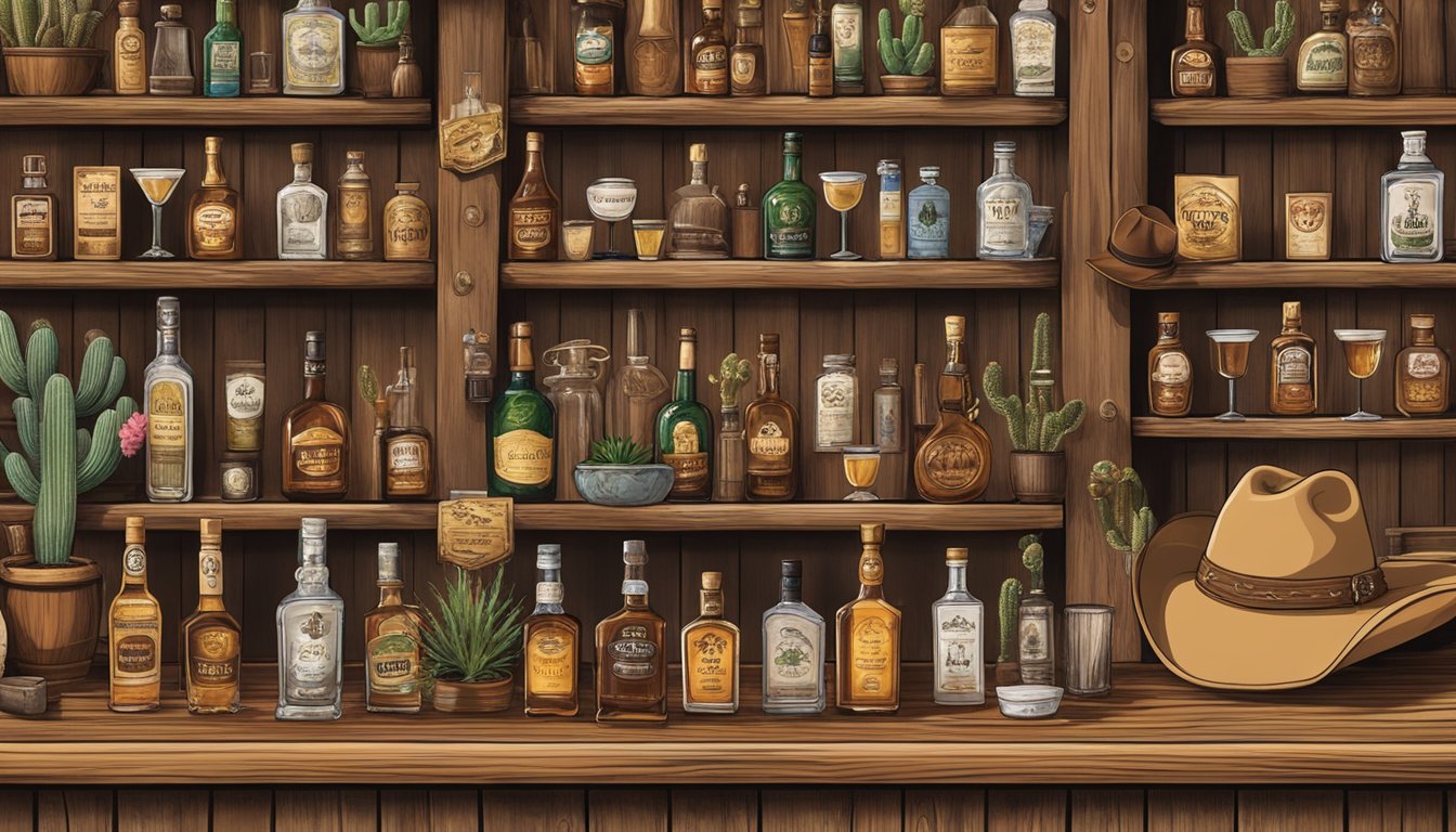 A rustic wooden bar adorned with cowboy hats and cactus decor, lined with shelves of whiskey, tequila, and other Texas spirits