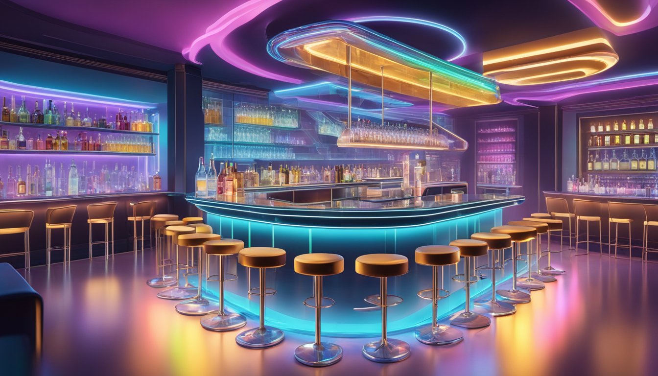 A futuristic cocktail bar with holographic displays showcasing award-winning Texas cocktails