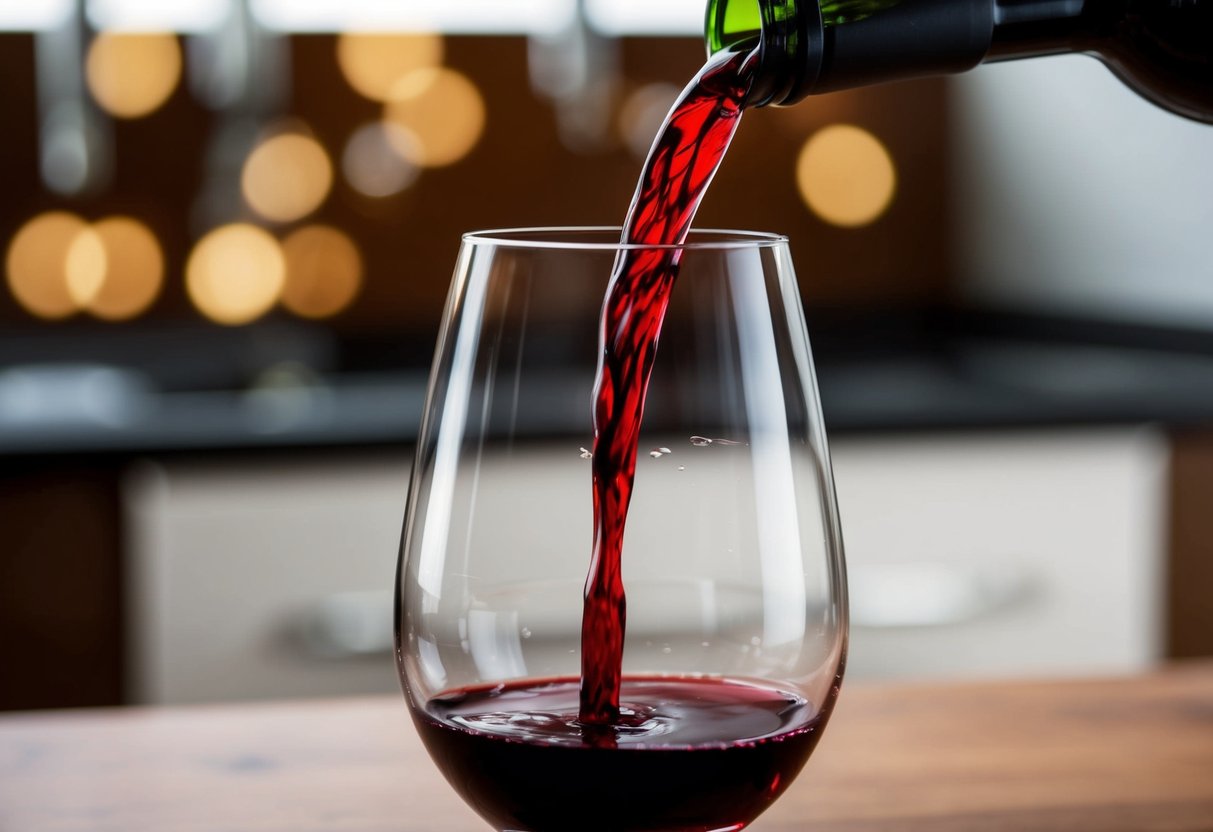 A glass of red wine being poured, with a focus on the deep, rich color and the way the liquid flows into the glass