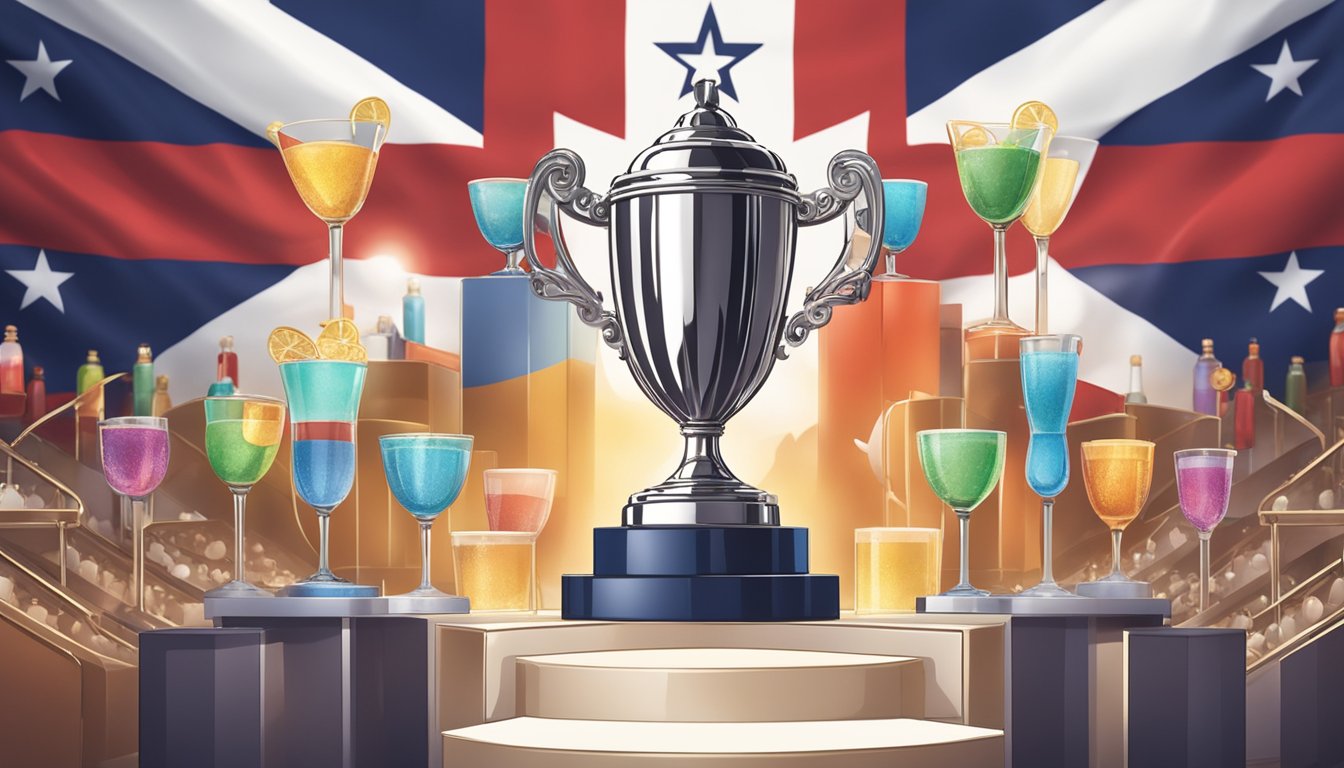 A podium with a shining trophy surrounded by cocktail glasses and shakers, set against a backdrop of the Texas flag and a cheering crowd