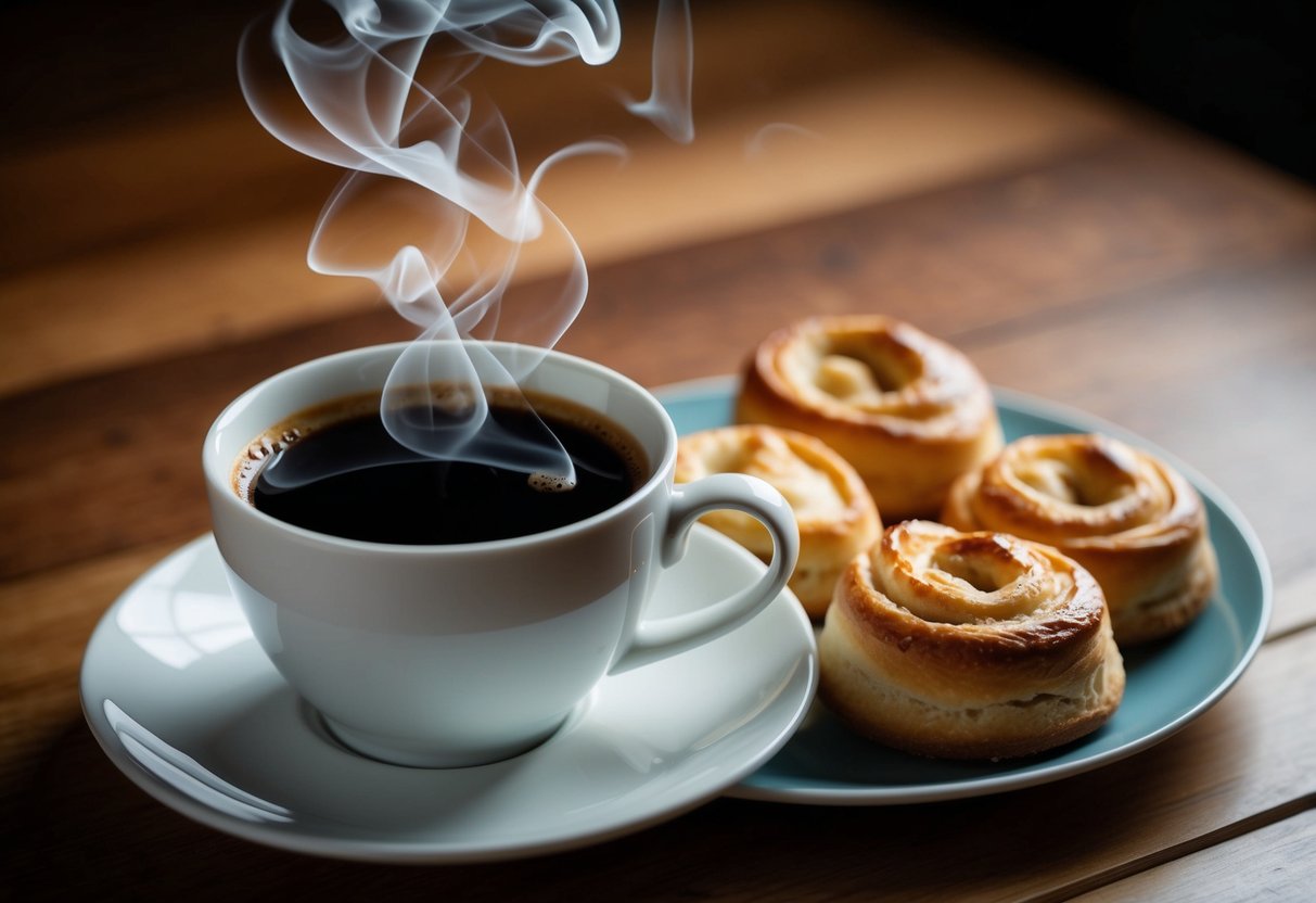 A steaming cup of coffee sits next to a plate of fresh-baked pastries, with swirling aromas rising up and the rich, dark liquid contrasting with the sweet, flaky treats