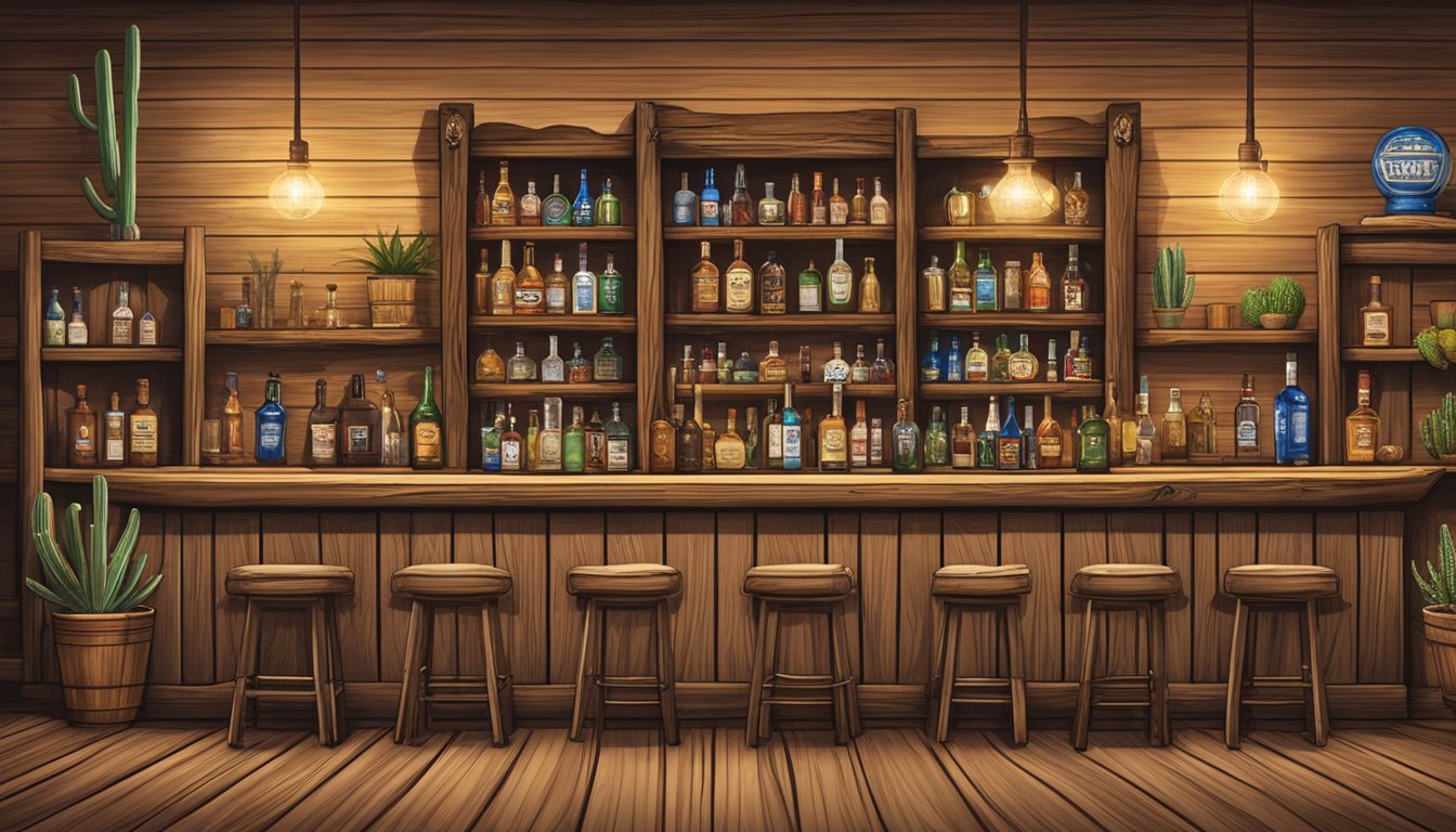 A rustic wooden bar adorned with cowboy hats, cacti, and Texas flags, with shelves lined with bottles of whiskey, tequila, and other spirits