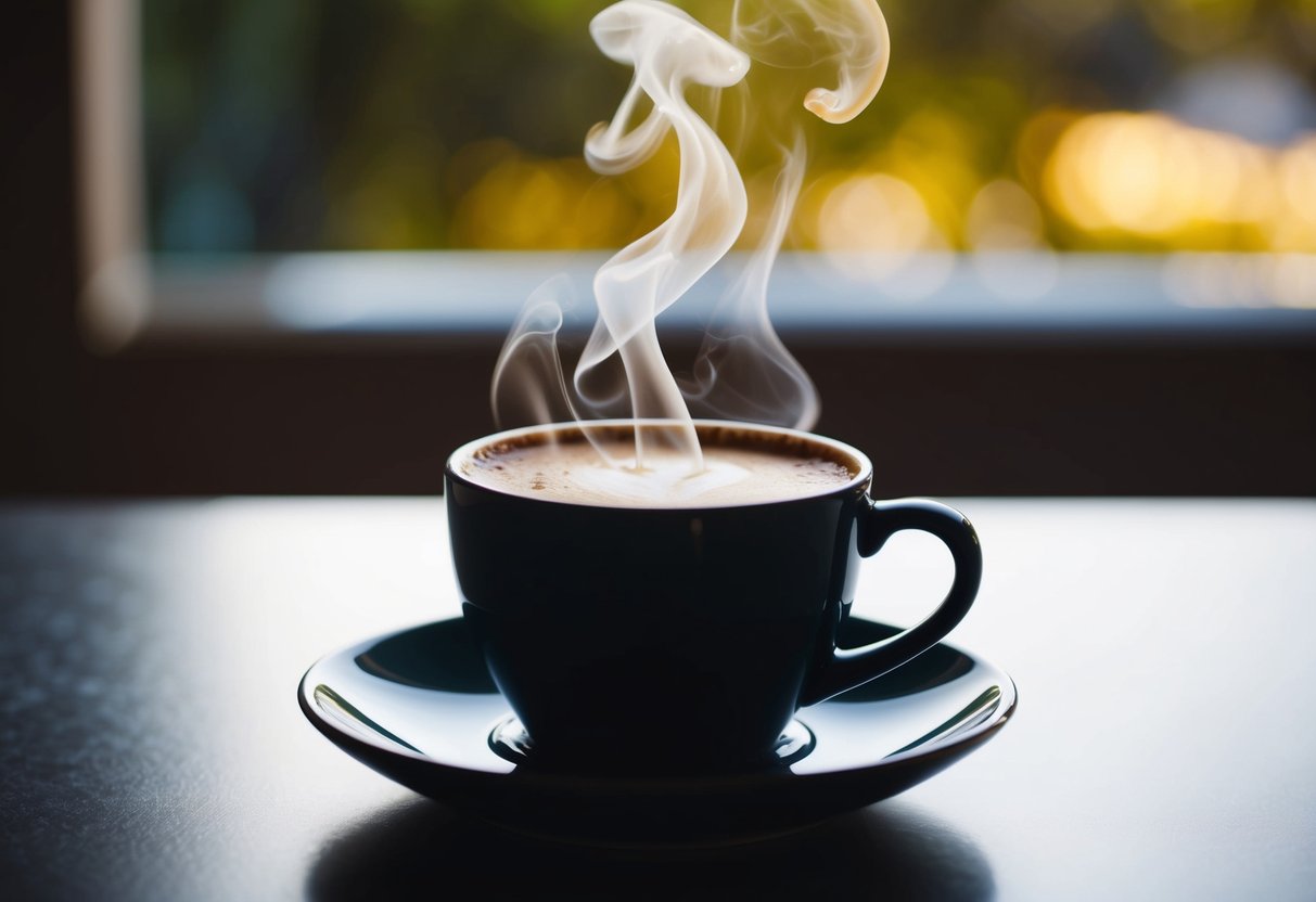 A steaming cup of coffee releasing fragrant steam, while a slice of lemon emits a tangy scent