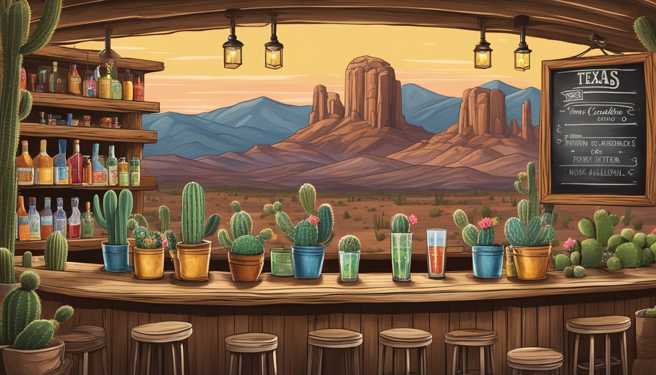 A rustic wooden bar adorned with cowboy boots and hats, surrounded by cacti and desert landscapes, with a chalkboard displaying a variety of non-alcoholic Texas-themed cocktails