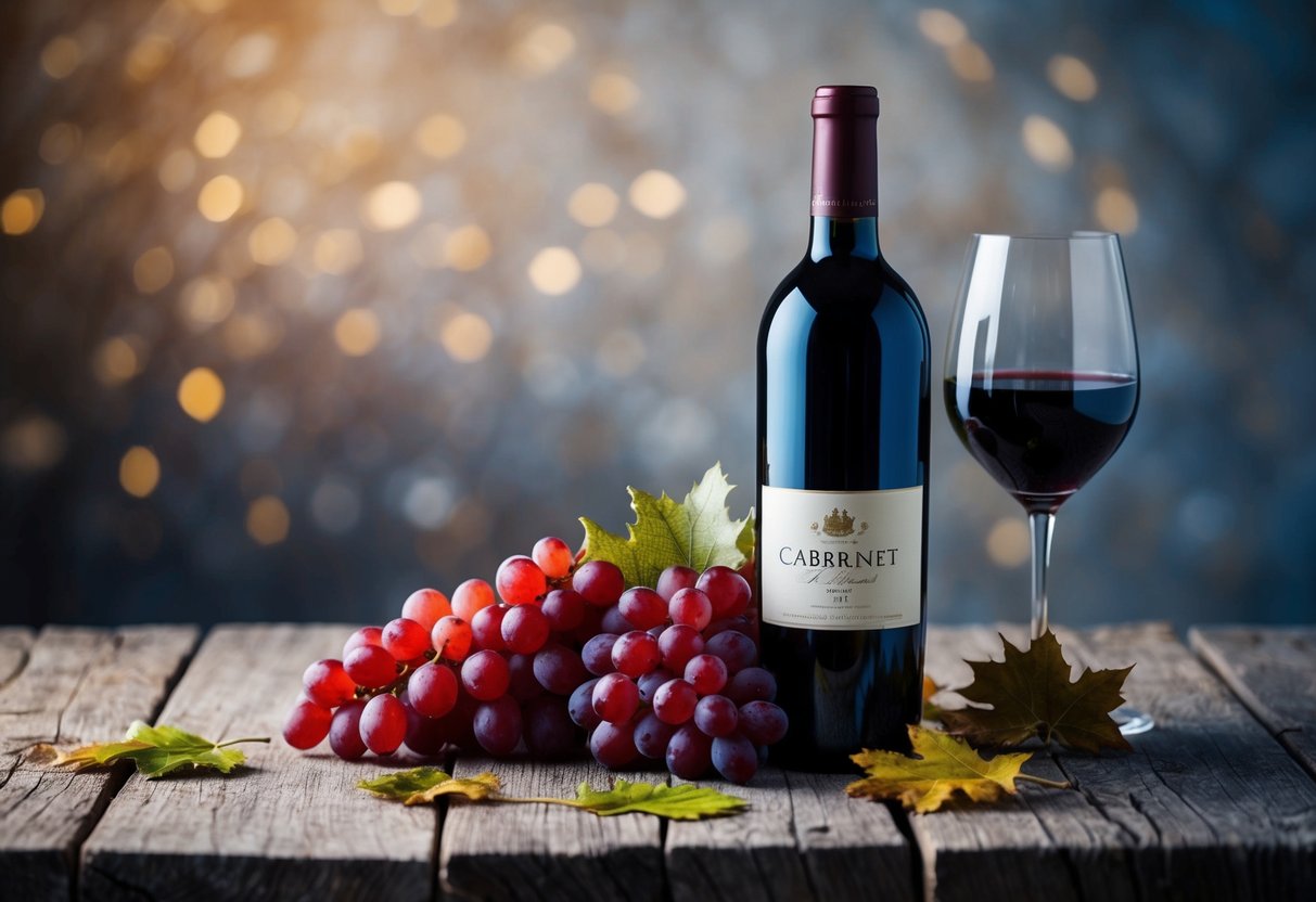 A bottle of cabernet sits on a rustic wooden table, surrounded by a selection of ripe red grapes and a few scattered oak leaves