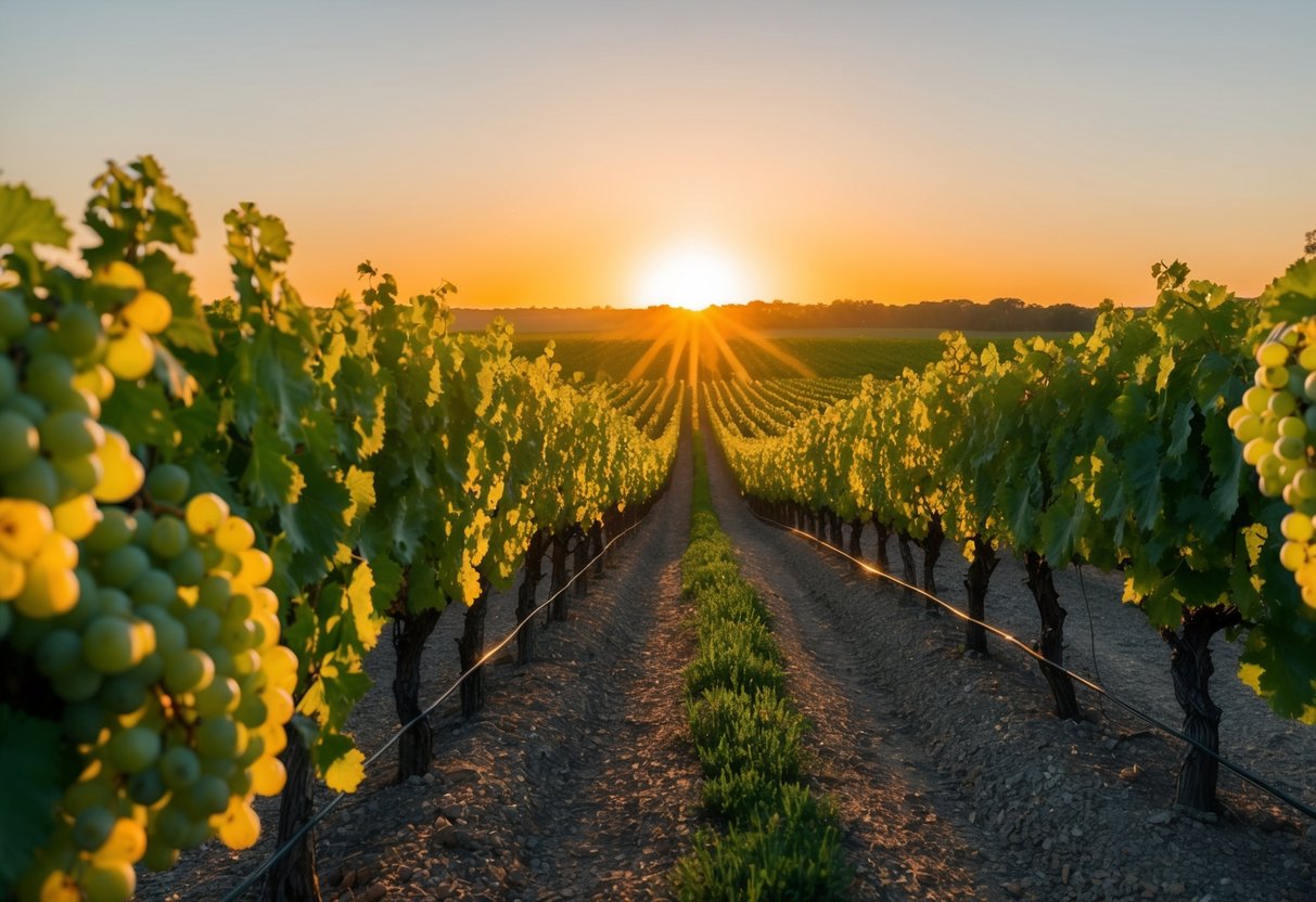 Vineyard at sunset with rows of lush grapevines, a gentle breeze, and a warm, golden light casting long shadows