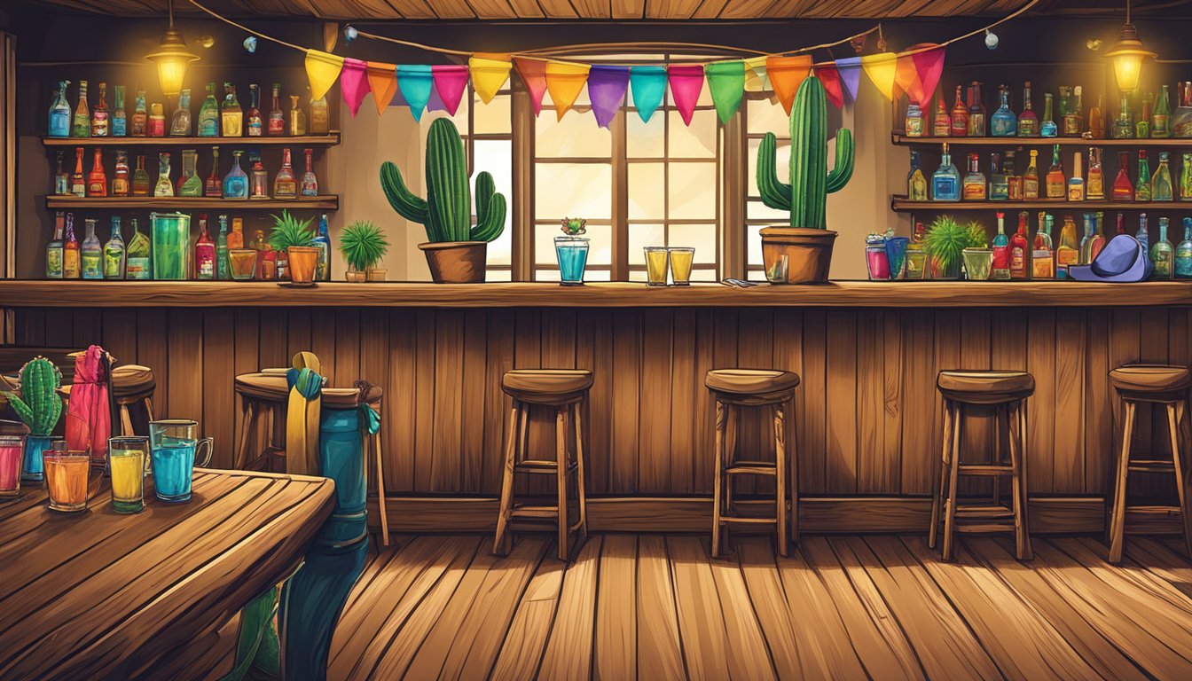 A rustic wooden bar adorned with cactus, cowboy hats, and colorful margarita glasses. A lone lasso hangs on the wall