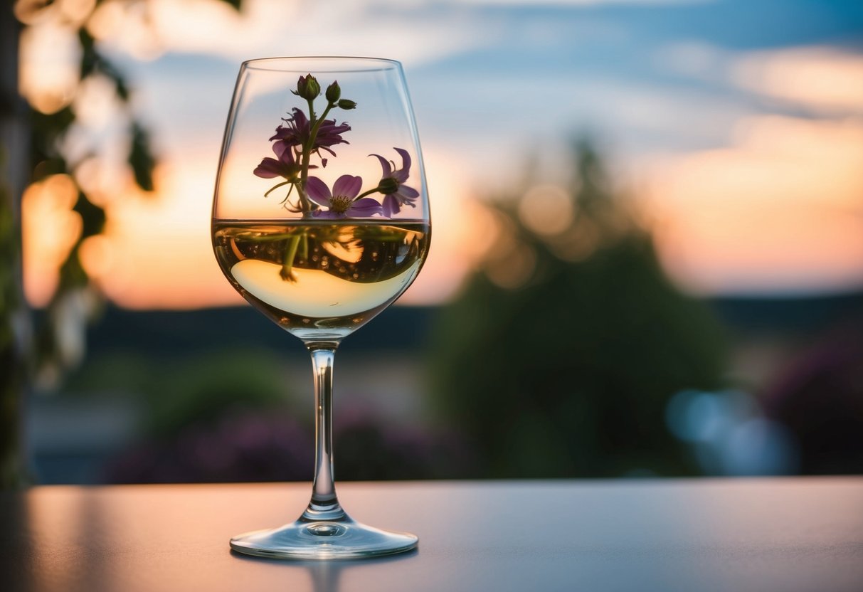 A wine glass with swirling floral aromas