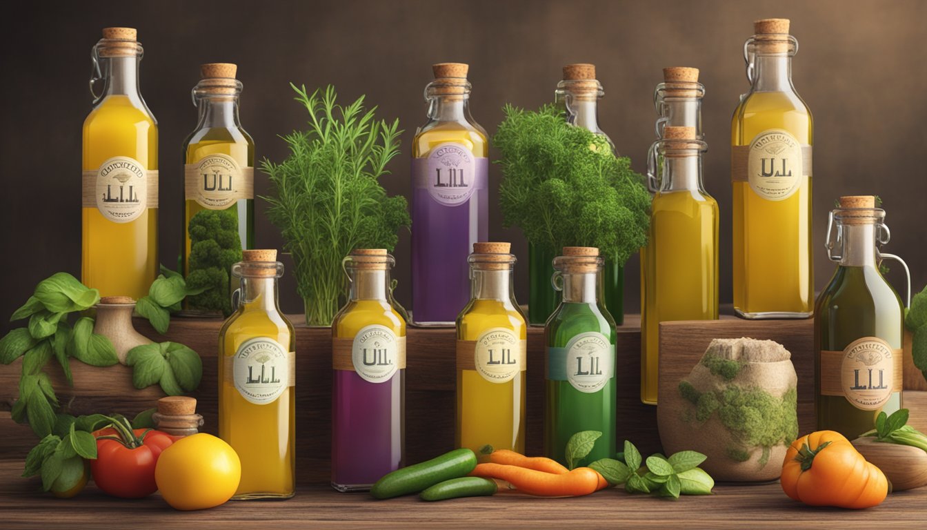 A rustic wooden table displays various bottles of Ulli's Oil Mill cold pressed oils, surrounded by fresh herbs and colorful vegetables