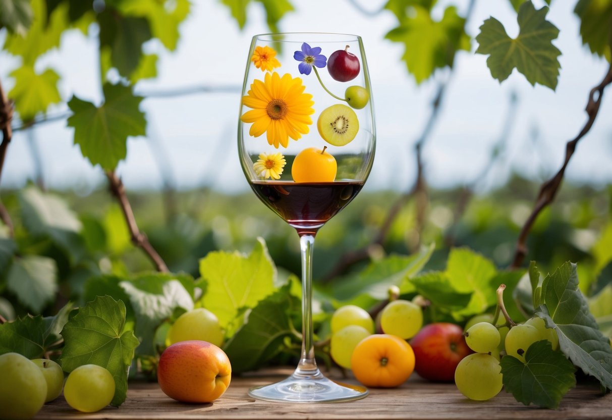 A wine glass with various flowers and fruits floating around it, surrounded by vines and leaves