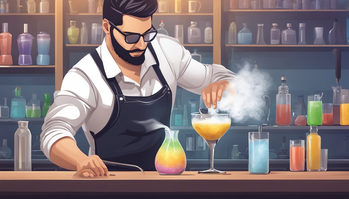 A bartender carefully pours liquid nitrogen into a cocktail shaker, following safety protocols for handling the volatile substance