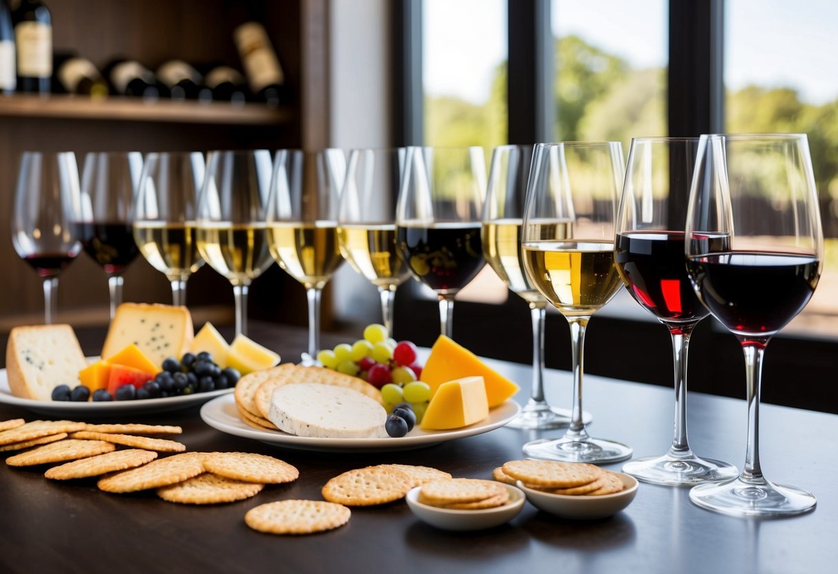 A table with various wine glasses filled with different wines, accompanied by a selection of cheese, crackers, and fruits for pairing