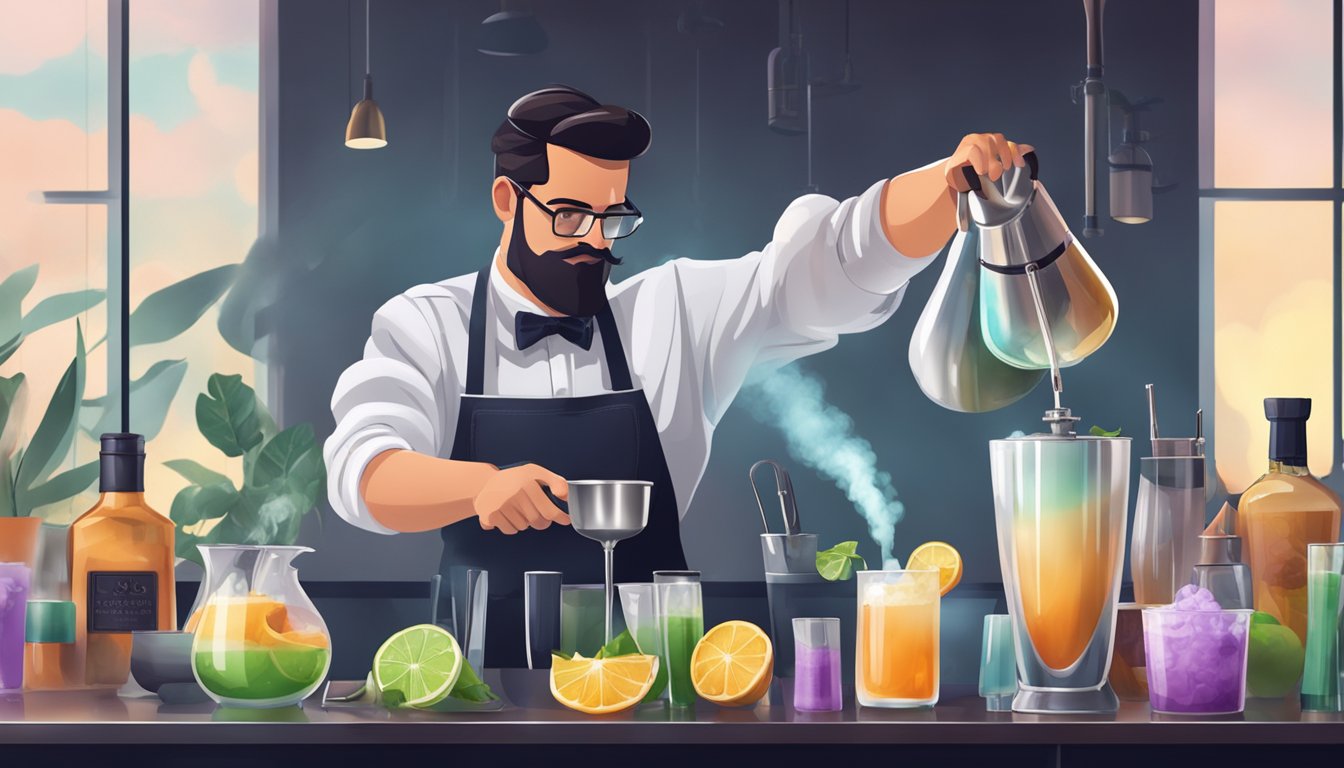 A bartender carefully pours liquid nitrogen into a cocktail shaker, creating a dramatic vapor effect. Various ingredients and tools are neatly arranged on the bar