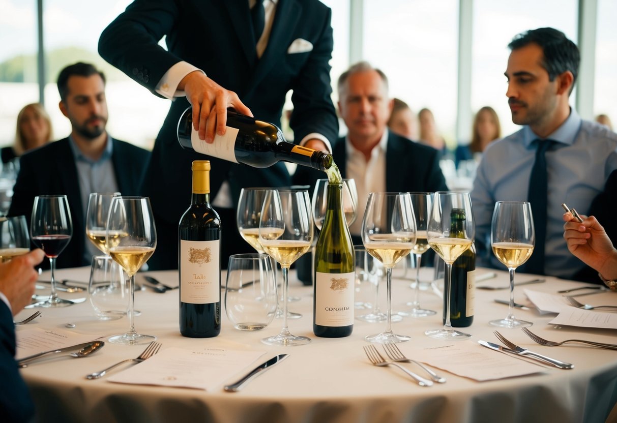 A table set with various wine glasses, bottles, and tasting notes. A sommelier pours wine into a glass as guests observe and take notes