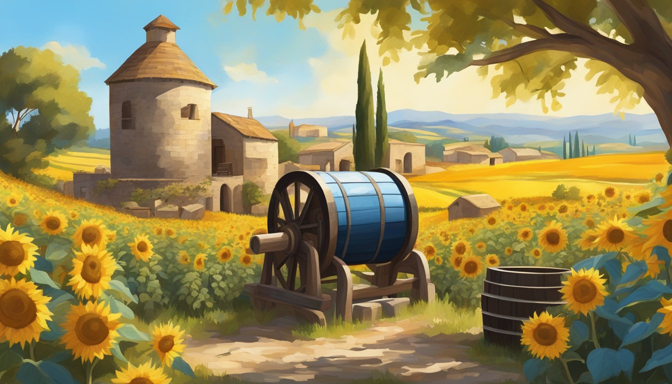 A rustic oil mill with large stone wheels, wooden barrels, and a press, surrounded by fields of sunflowers and olives under a bright blue sky