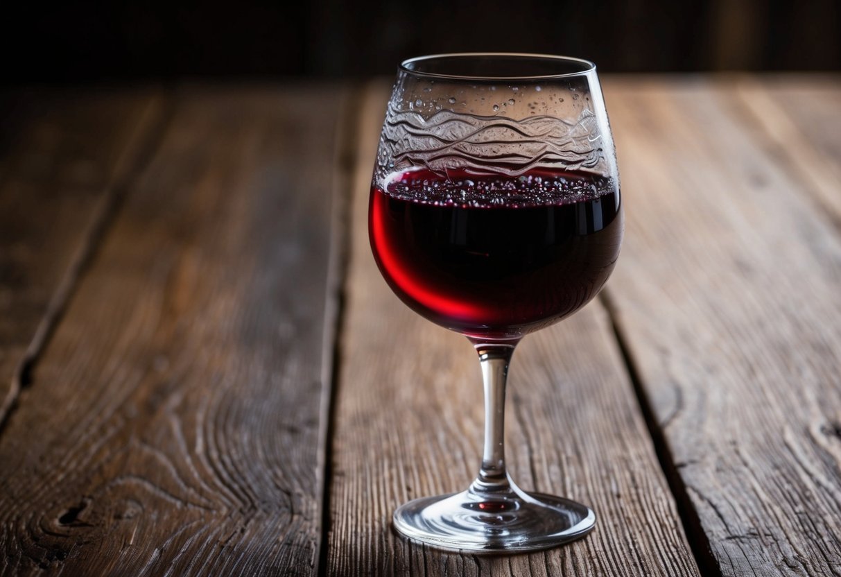 A glass of wine sits on a rustic wooden table, its rich red color glistening in the light. Swirling patterns of condensation form on the smooth surface of the glass, hinting at the cool, refreshing texture of the wine within