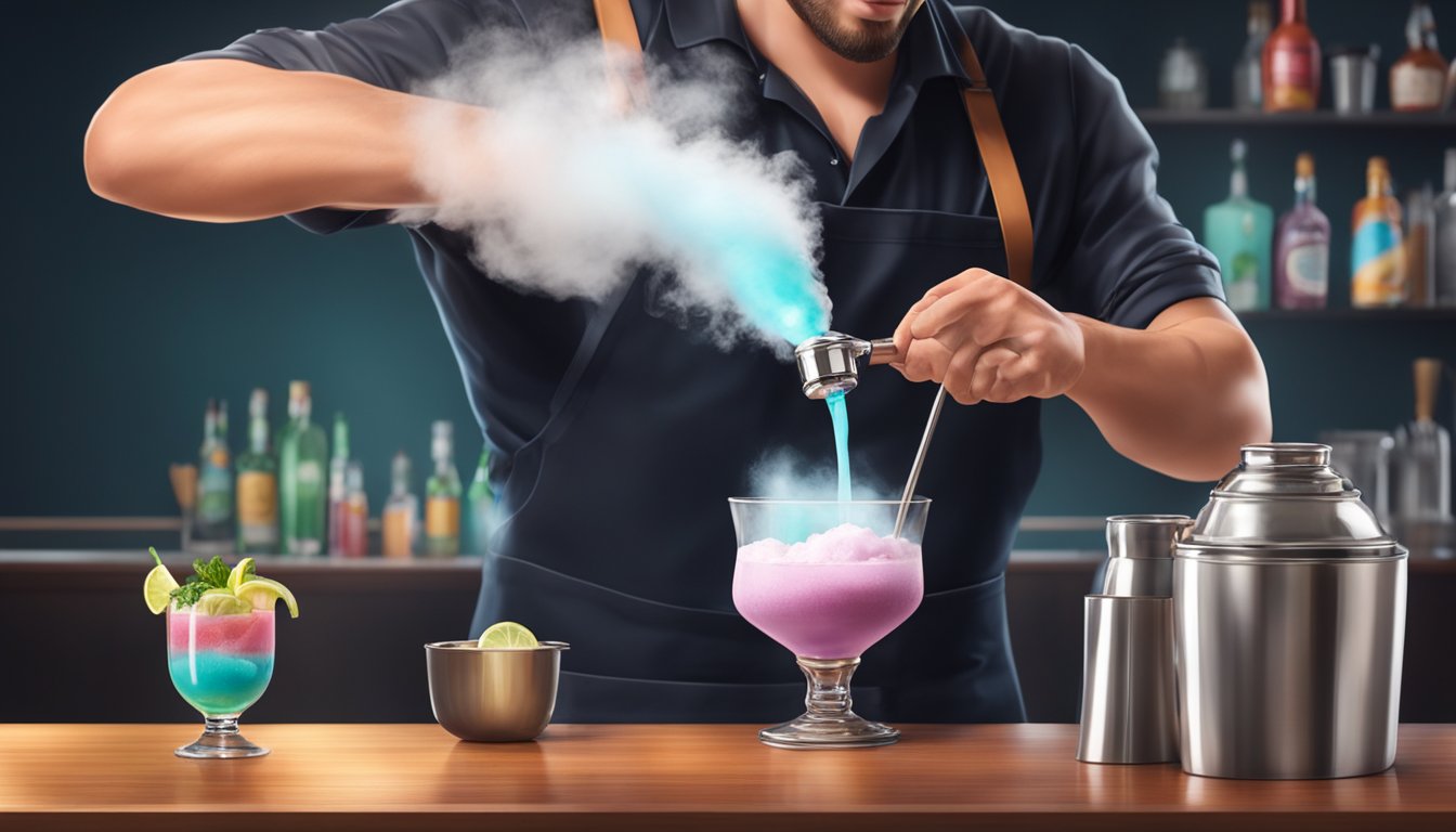 A bartender pouring liquid nitrogen into a cocktail shaker, creating a dramatic mist as it combines with the drink