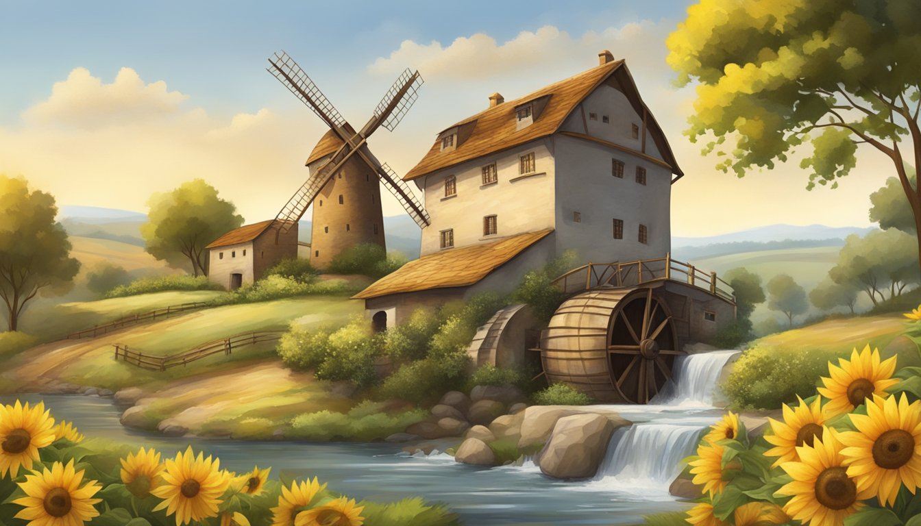 A rustic, countryside scene with a charming old mill surrounded by fields of sunflowers and olives, with a gentle stream flowing nearby