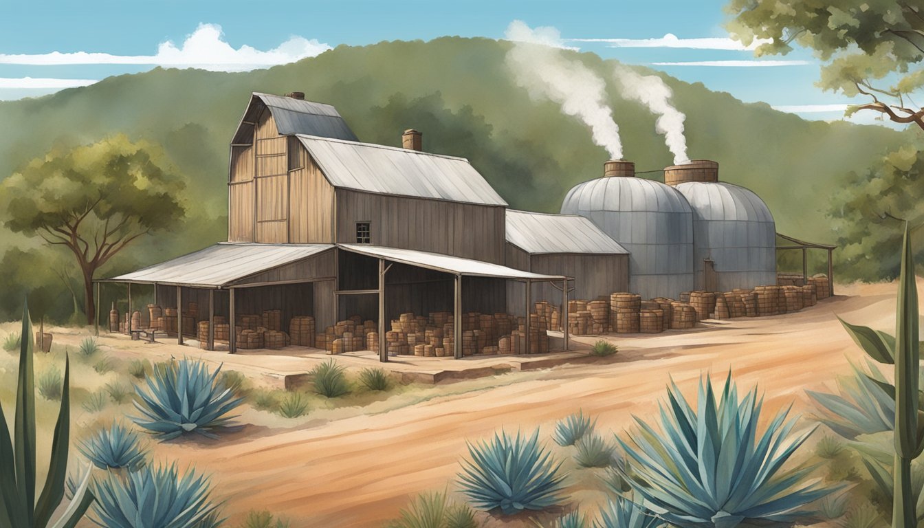 A rustic distillery nestled in the Texas hill country, surrounded by agave plants and a clear blue sky. Smoke rises from the traditional clay still as raicilla is being made