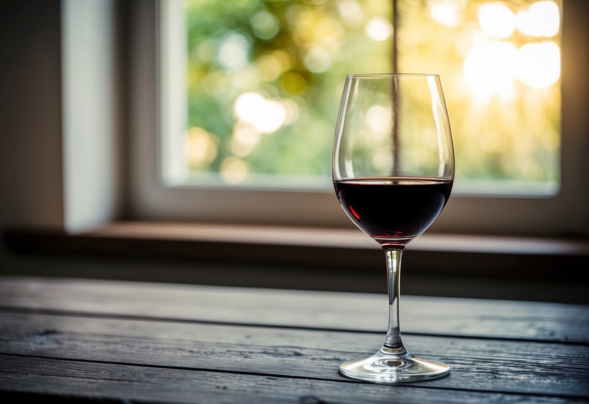 A glass of wine resting on a rustic wooden table, with soft light filtering through a nearby window, highlighting the rich, velvety texture of the liquid